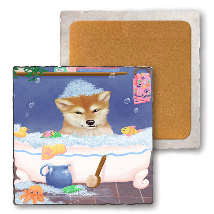 Rub A Dub Dog In A Tub Shiba Inu Dog Set of 4 Natural Stone Marble Tile Coasters MCST52446