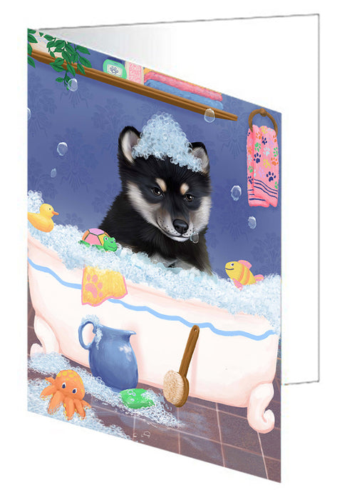 Rub A Dub Dog In A Tub Shiba Inu Dog Handmade Artwork Assorted Pets Greeting Cards and Note Cards with Envelopes for All Occasions and Holiday Seasons GCD79655