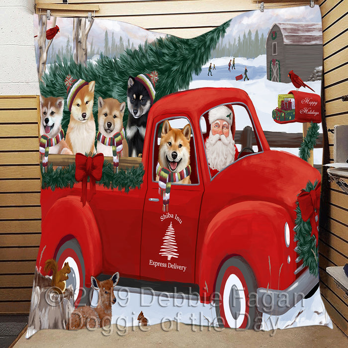 Christmas Santa Express Delivery Red Truck Shiba Inu Dogs Quilt