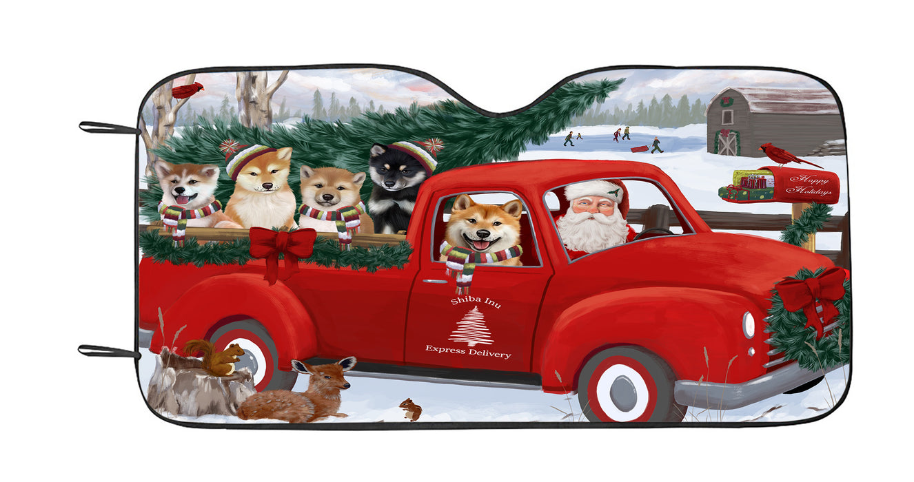 Christmas Santa Express Delivery Red Truck Shiba Inu Dogs Car Sun Shade