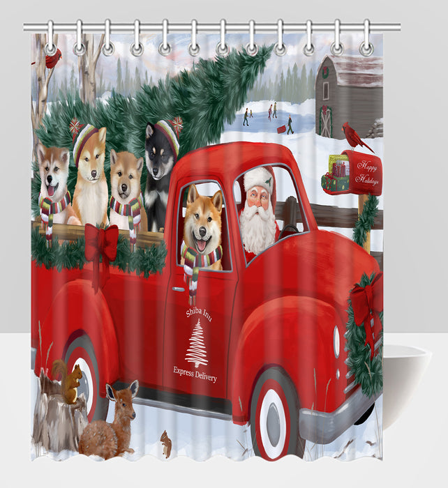 Christmas Santa Express Delivery Red Truck Shiba Inu Dogs Shower Curtain