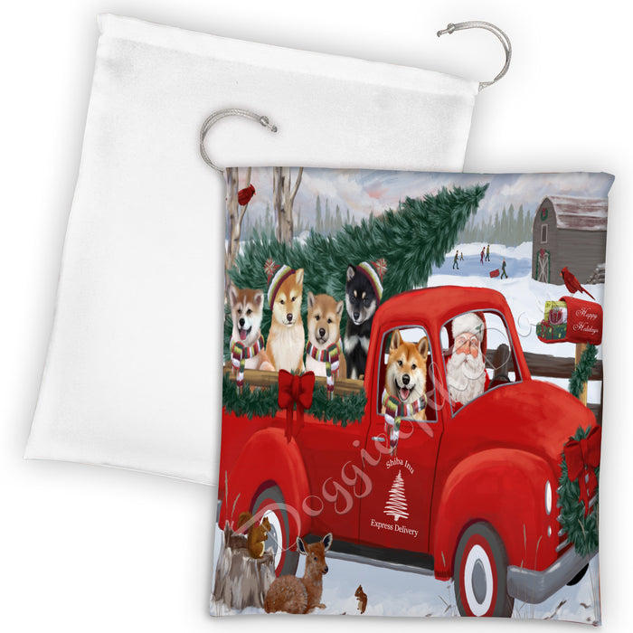 Christmas Santa Express Delivery Red Truck Shiba Inu Dogs Drawstring Laundry or Gift Bag LGB48340