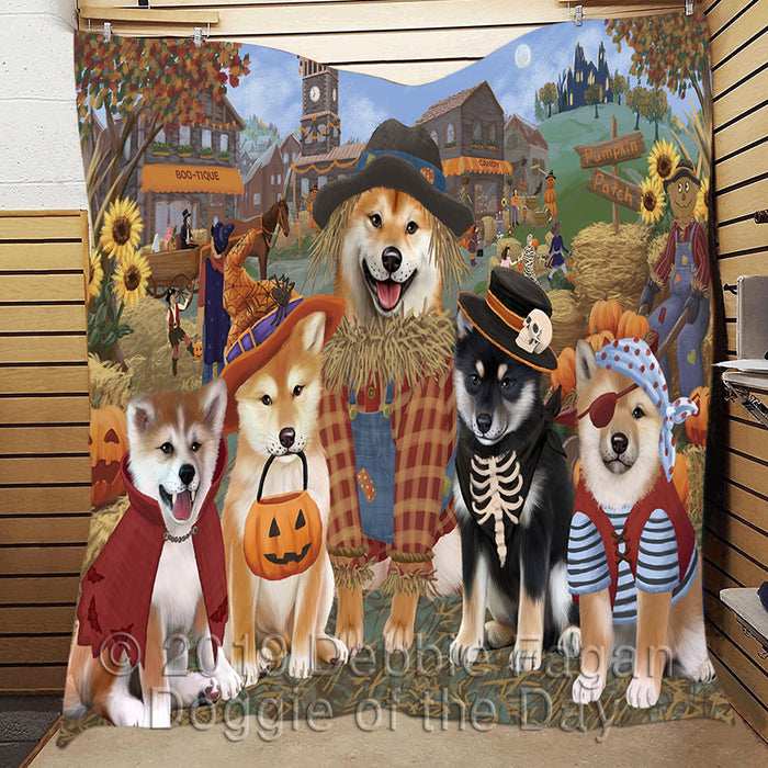 Halloween 'Round Town and Fall Pumpkin Scarecrow Both Shiba Inu Dogs Quilt