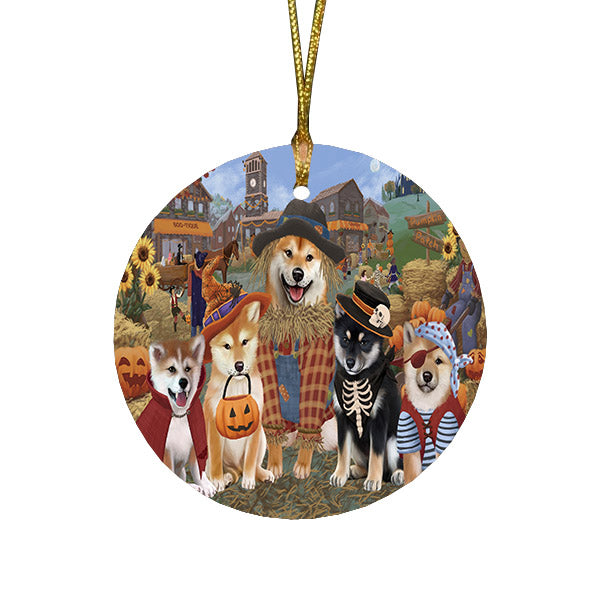 Halloween 'Round Town And Fall Pumpkin Scarecrow Both Shiba Inu Dogs Round Flat Christmas Ornament RFPOR57607