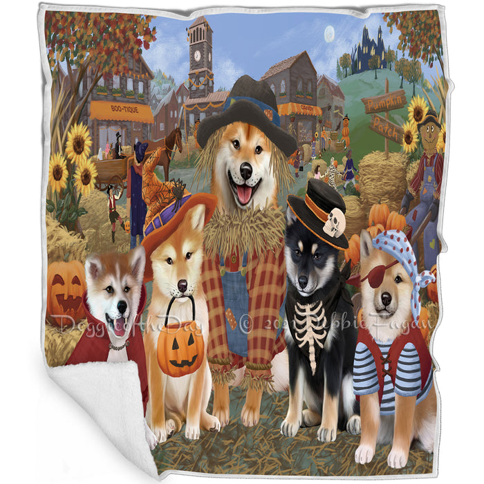 Halloween 'Round Town And Fall Pumpkin Scarecrow Both Shiba Inu Dogs Blanket BLNKT143648