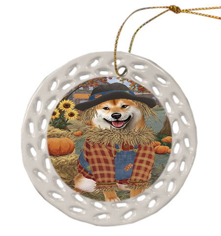 Fall Pumpkin Scarecrow Shiba Inu Dogs Ceramic Doily Ornament DPOR57764