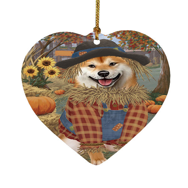 Fall Pumpkin Scarecrow Shiba Inu Dogs Heart Christmas Ornament HPOR57764