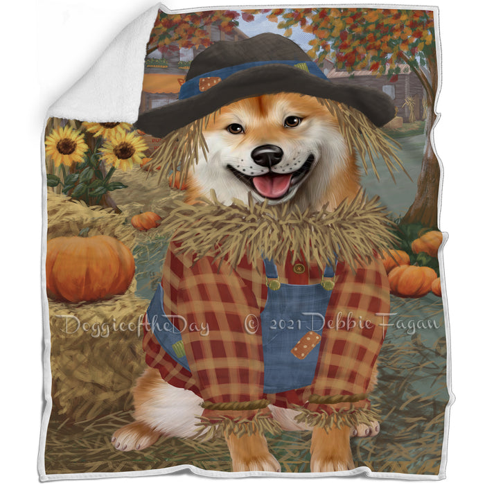Halloween 'Round Town And Fall Pumpkin Scarecrow Both Shiba Inu Dogs Blanket BLNKT143649