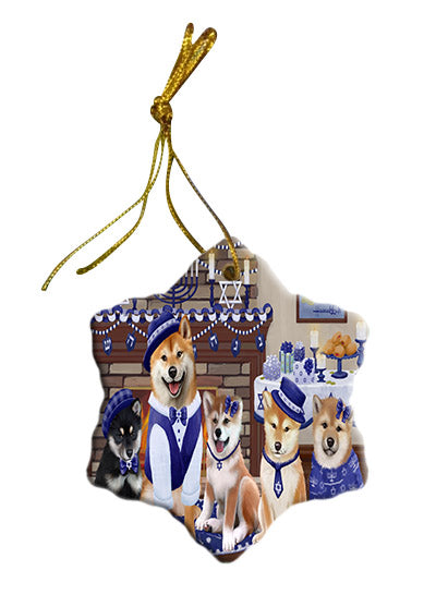 Happy Hanukkah Family Shiba Inu Dogs Star Porcelain Ornament SPOR57733