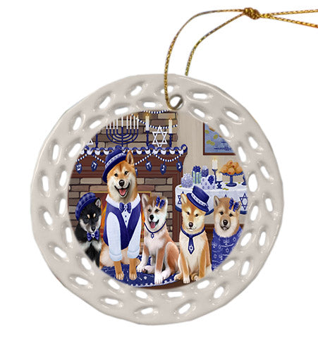 Happy Hanukkah Family Shiba Inu Dogs Ceramic Doily Ornament DPOR57733
