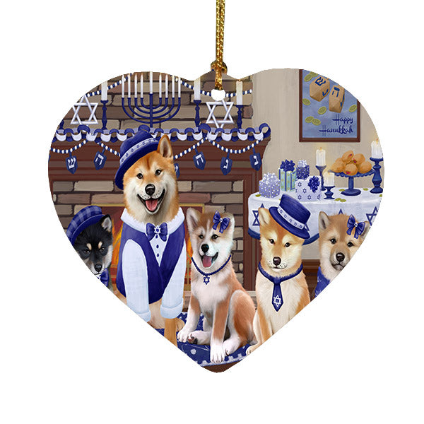 Happy Hanukkah Family Shiba Inu Dogs Heart Christmas Ornament HPOR57733