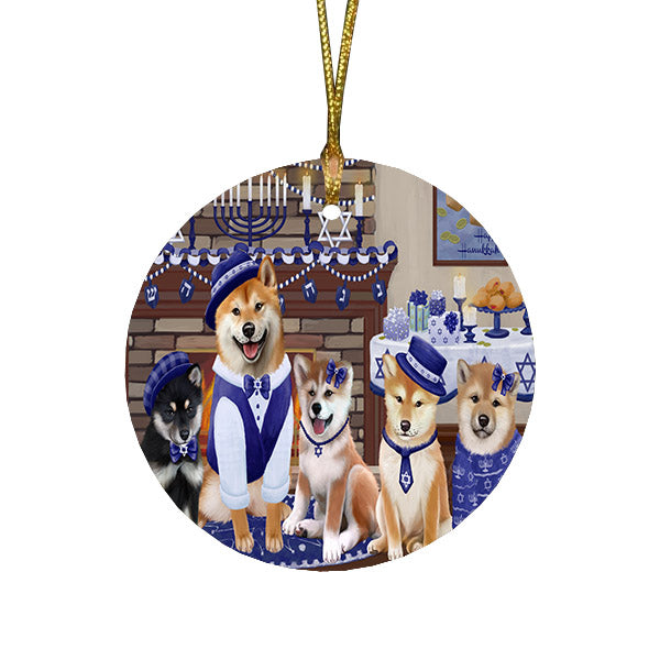 Happy Hanukkah Family and Happy Hanukkah Both Shiba Inu Dogs Round Flat Christmas Ornament RFPOR57637