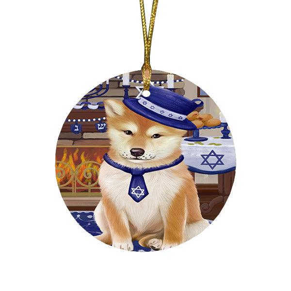 Happy Hanukkah Family and Happy Hanukkah Both Shiba Inu Dog Round Flat Christmas Ornament RFPOR57698