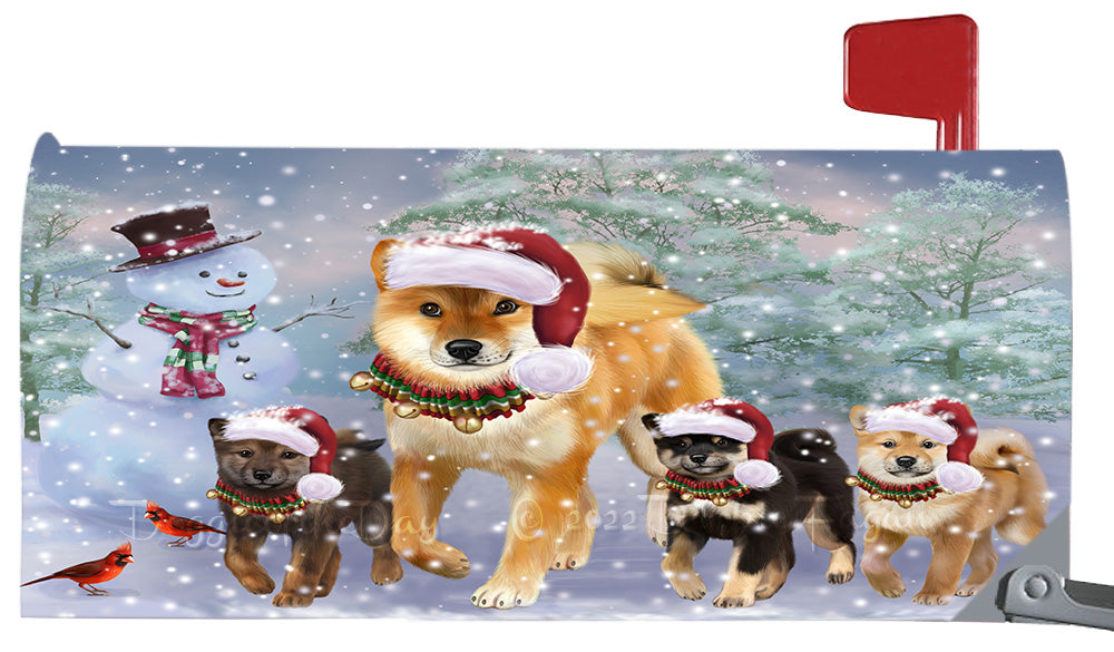 Christmas Running Family Shiba Inu Dogs Magnetic Mailbox Cover Both Sides Pet Theme Printed Decorative Letter Box Wrap Case Postbox Thick Magnetic Vinyl Material