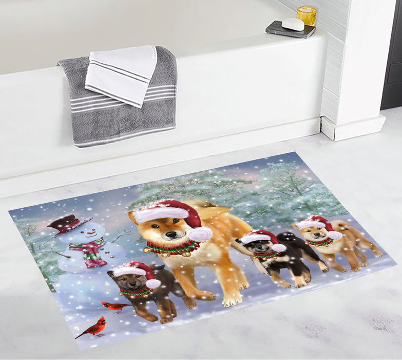 Christmas Running Fammily Shiba Inu Dogs Bath Mat
