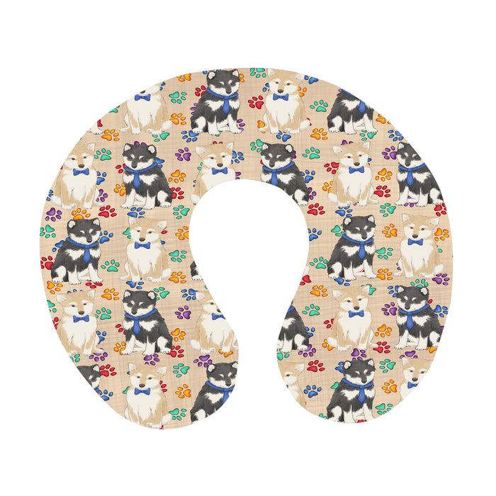 Rainbow Paw Print Shiba Inu Dogs Blue U-Shape Travel Pillow