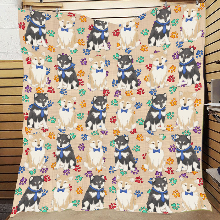 Rainbow Paw Print Shiba Inu Dogs Blue Quilt