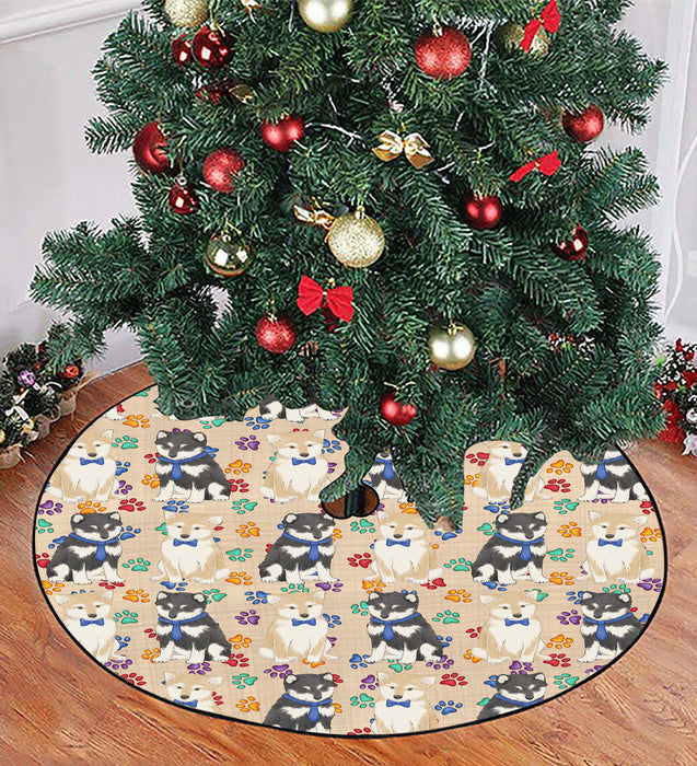 Rainbow Paw Print Shiba Inu Dogs Blue Christmas Tree Skirt