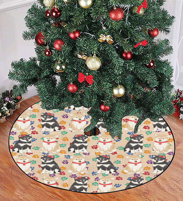 Rainbow Paw Print Shiba Inu Dogs Red Christmas Tree Skirt
