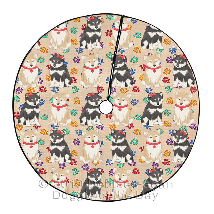 Rainbow Paw Print Shiba Inu Dogs Red Christmas Tree Skirt
