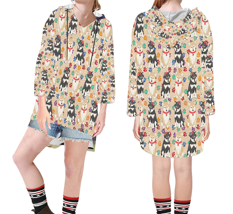 Rainbow Paw Print Shiba Inu Dogs Red Step Hem Women's Hoodie