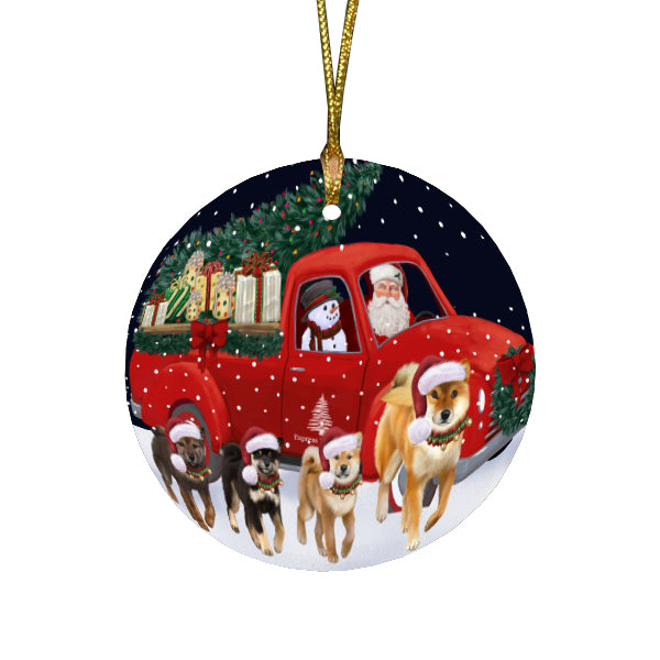 Christmas Express Delivery Red Truck Running Shiba Inu Dogs Round Flat Christmas Ornament RFPOR57777