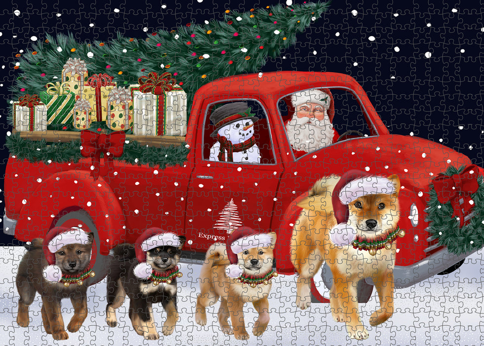 Christmas Express Delivery Red Truck Running Shiba Inu Dogs Puzzle with Photo Tin PUZL99808