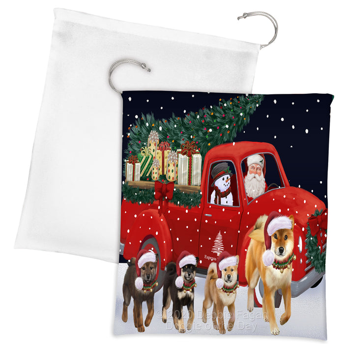 Christmas Express Delivery Red Truck Running Shiba Inu Dogs Drawstring Laundry or Gift Bag LGB48929