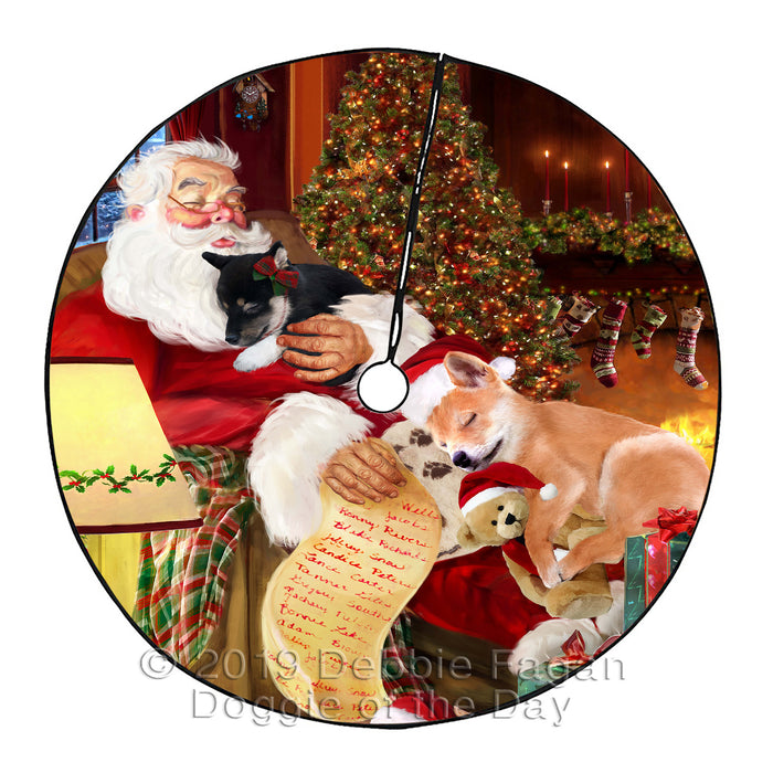 Santa Sleeping with Shiba Inu Dogs Christmas Tree Skirt