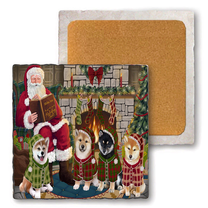 Christmas Cozy Holiday Tails Shiba Inus Dog Set of 4 Natural Stone Marble Tile Coasters MCST50389