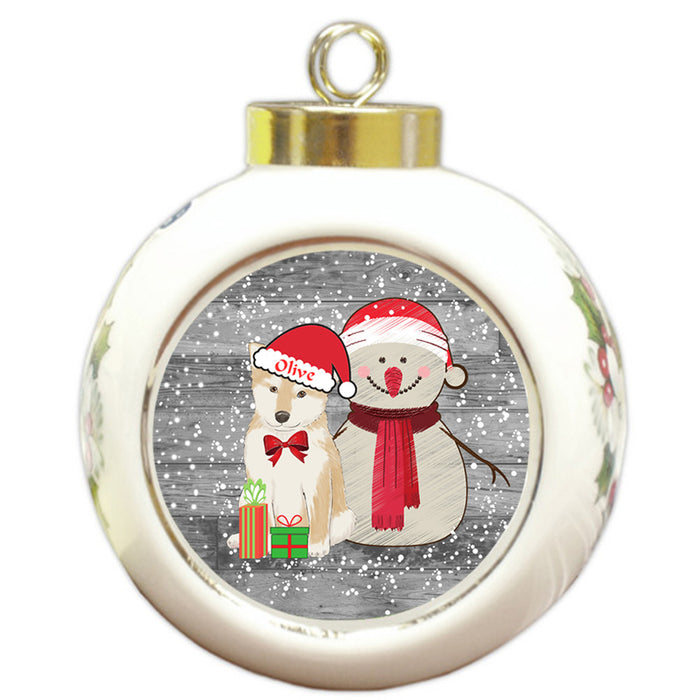 Custom Personalized Snowy Snowman and Shiba Inu Dog Christmas Round Ball Ornament
