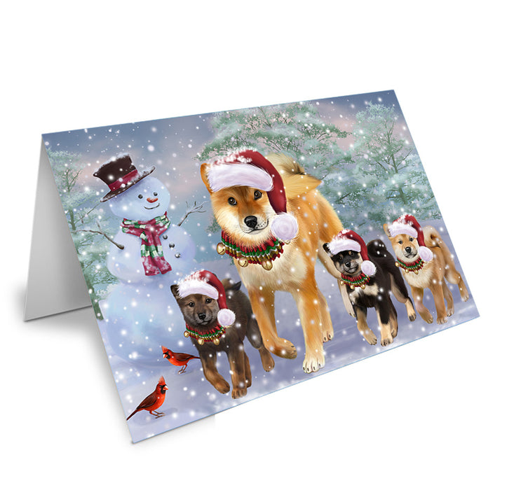 Christmas Running Family Shiba Inu Dogs Handmade Artwork Assorted Pets Greeting Cards and Note Cards with Envelopes for All Occasions and Holiday Seasons GCD75308