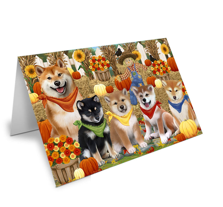 Fall Festive Gathering Shiba Inus Dog with Pumpkins Handmade Artwork Assorted Pets Greeting Cards and Note Cards with Envelopes for All Occasions and Holiday Seasons GCD56444