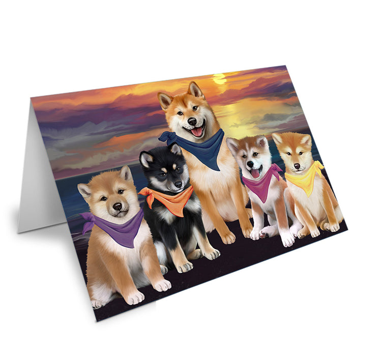 Family Sunset Portrait Shiba Inus Dog Handmade Artwork Assorted Pets Greeting Cards and Note Cards with Envelopes for All Occasions and Holiday Seasons GCD54872