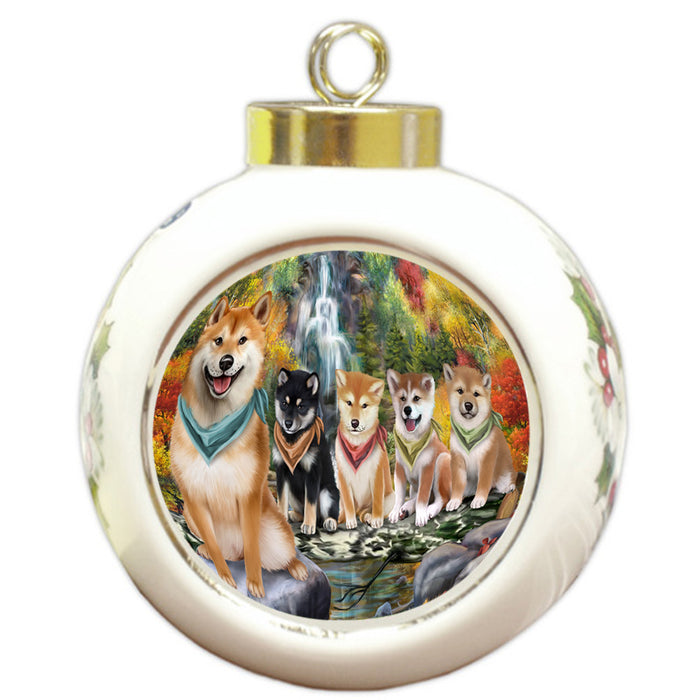 Scenic Waterfall Shiba Inus Dog Round Ball Christmas Ornament RBPOR49540