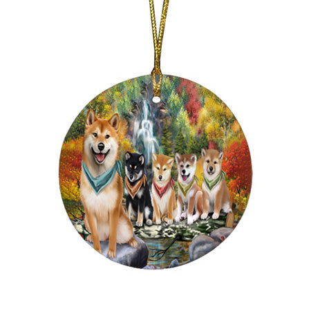Scenic Waterfall Shiba Inus Dog Round Flat Christmas Ornament RFPOR49531