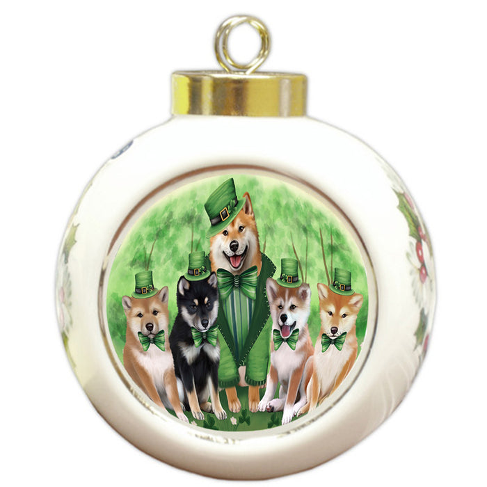 St. Patricks Day Irish Family Portrait Shiba Inus Dog Round Ball Christmas Ornament RBPOR49399