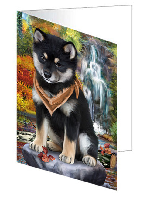 Scenic Waterfall Shiba Inus Dog Handmade Artwork Assorted Pets Greeting Cards and Note Cards with Envelopes for All Occasions and Holiday Seasons GCD52550