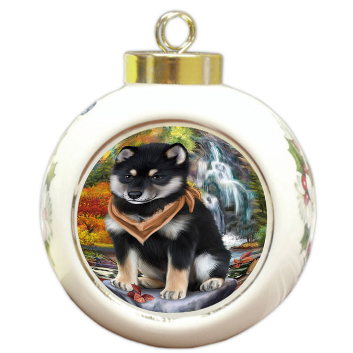 Scenic Waterfall Shiba Inu Dog Round Ball Christmas Ornament RBPOR49541