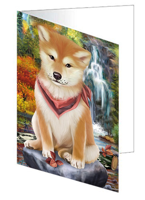 Scenic Waterfall Shiba Inu Dog Handmade Artwork Assorted Pets Greeting Cards and Note Cards with Envelopes for All Occasions and Holiday Seasons GCD52553
