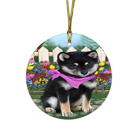 Spring Floral Shiba Inu Dog Round Flat Christmas Ornament RFPOR52157