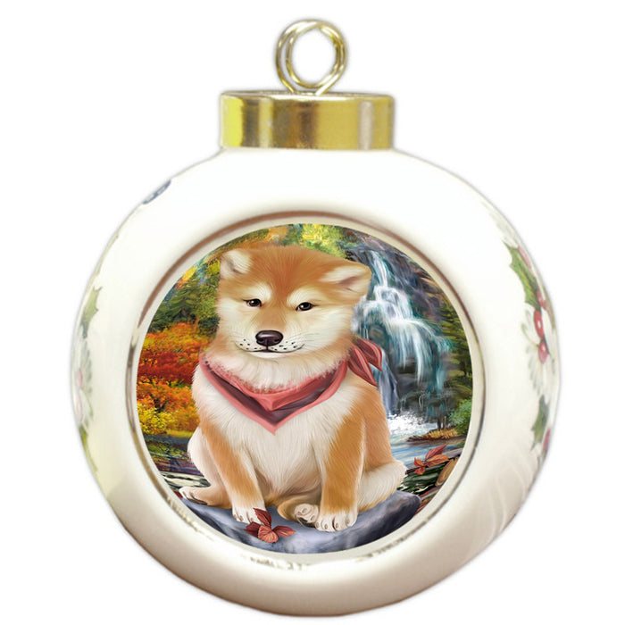 Scenic Waterfall Shiba Inu Dog Round Ball Christmas Ornament RBPOR49542