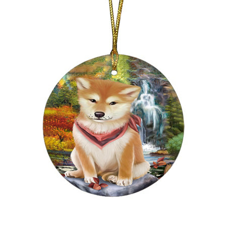 Scenic Waterfall Shiba Inu Dog Round Flat Christmas Ornament RFPOR49533