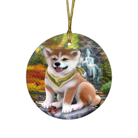 Scenic Waterfall Shiba Inu Dog Round Flat Christmas Ornament RFPOR49534