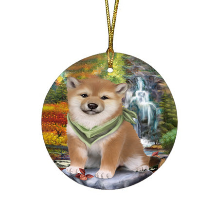 Scenic Waterfall Shiba Inu Dog Round Flat Christmas Ornament RFPOR49535