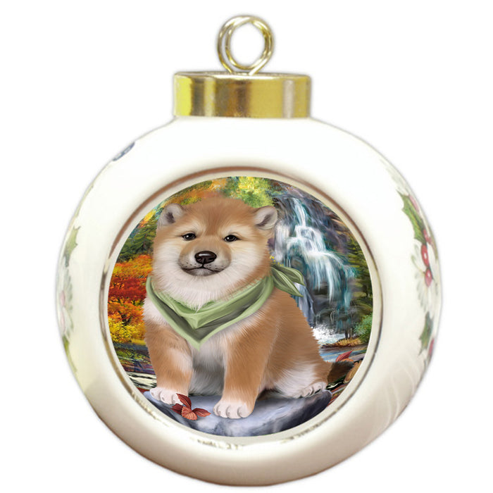 Scenic Waterfall Shiba Inu Dog Round Ball Christmas Ornament RBPOR49544