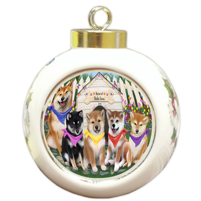 Spring Dog House Shiba Inus Dog Round Ball Christmas Ornament RBPOR50131