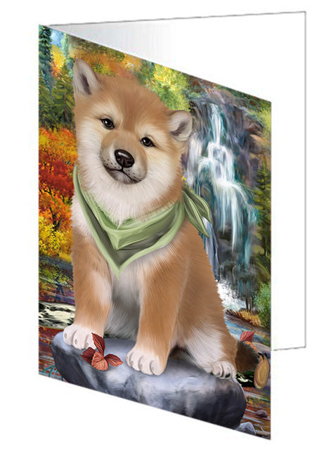 Scenic Waterfall Shiba Inu Dog Handmade Artwork Assorted Pets Greeting Cards and Note Cards with Envelopes for All Occasions and Holiday Seasons GCD52559