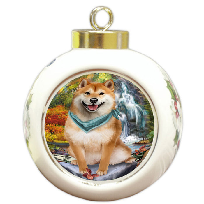 Scenic Waterfall Shiba Inu Dog Round Ball Christmas Ornament RBPOR49545