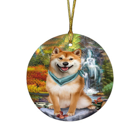 Scenic Waterfall Shiba Inu Dog Round Flat Christmas Ornament RFPOR49536